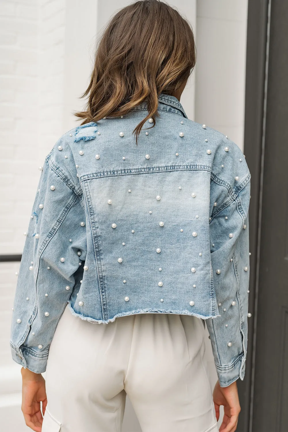 Wholesale Sky Blue Pearls Beading Cropped Denim Jacket