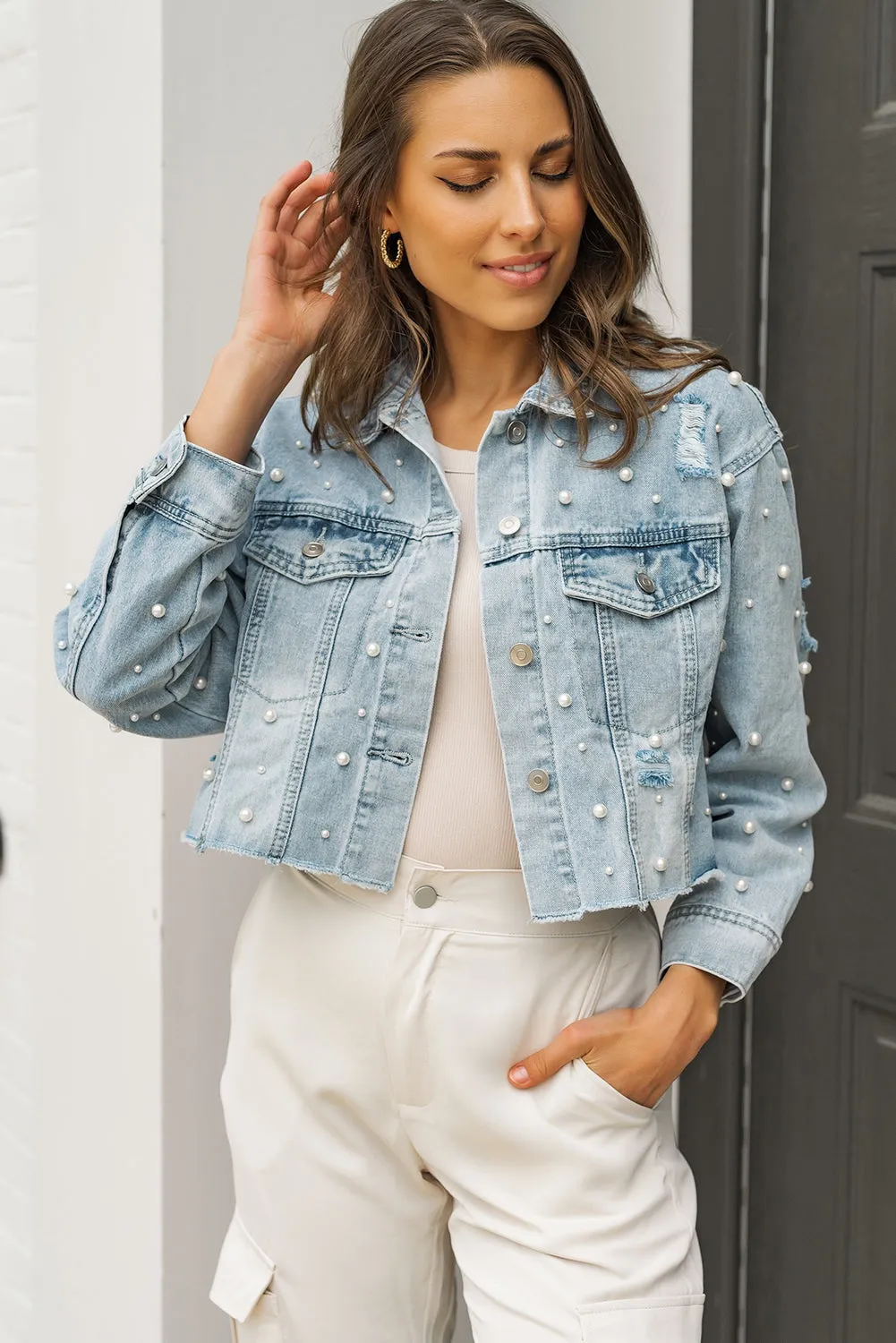 Wholesale Sky Blue Pearls Beading Cropped Denim Jacket