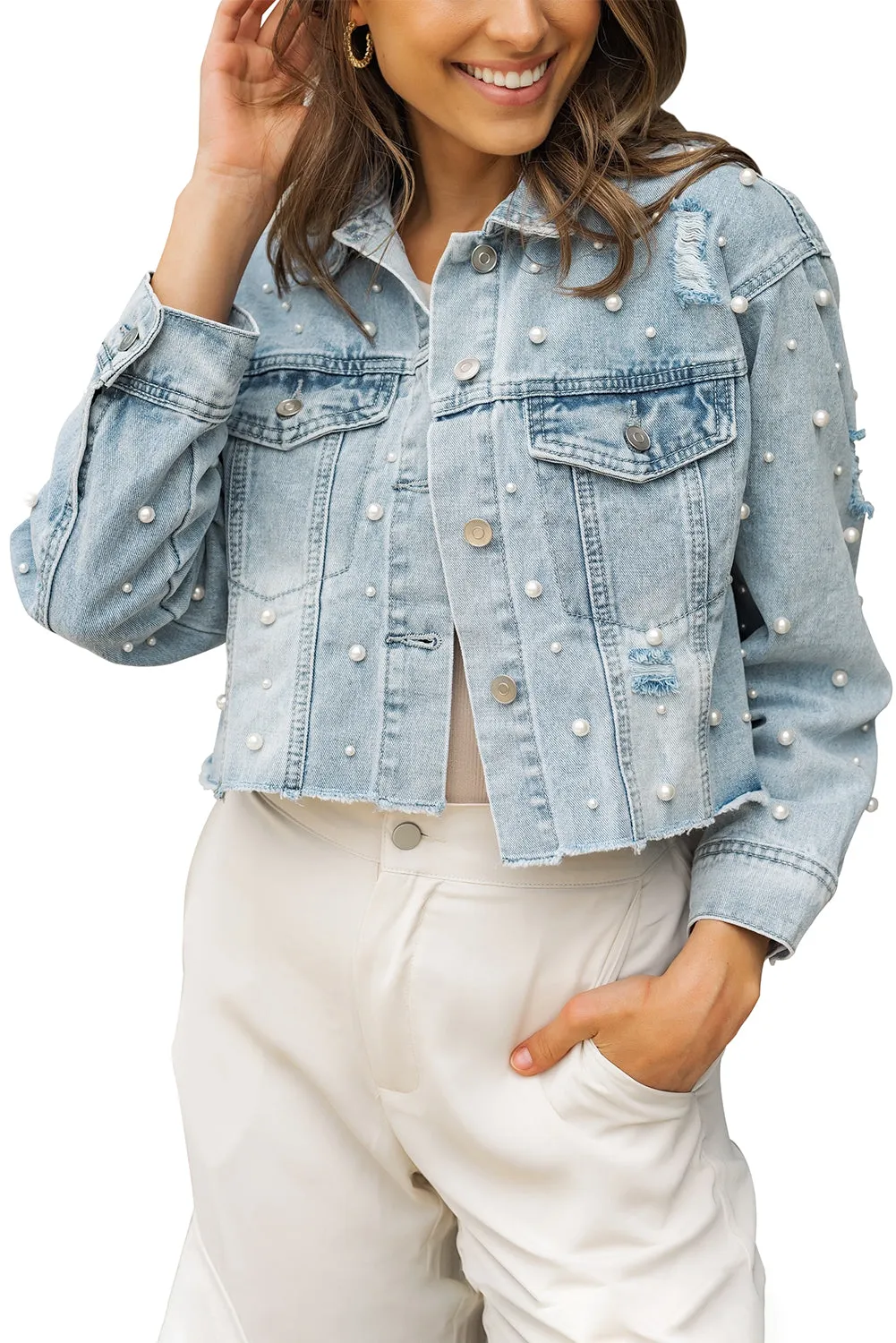 Wholesale Sky Blue Pearls Beading Cropped Denim Jacket