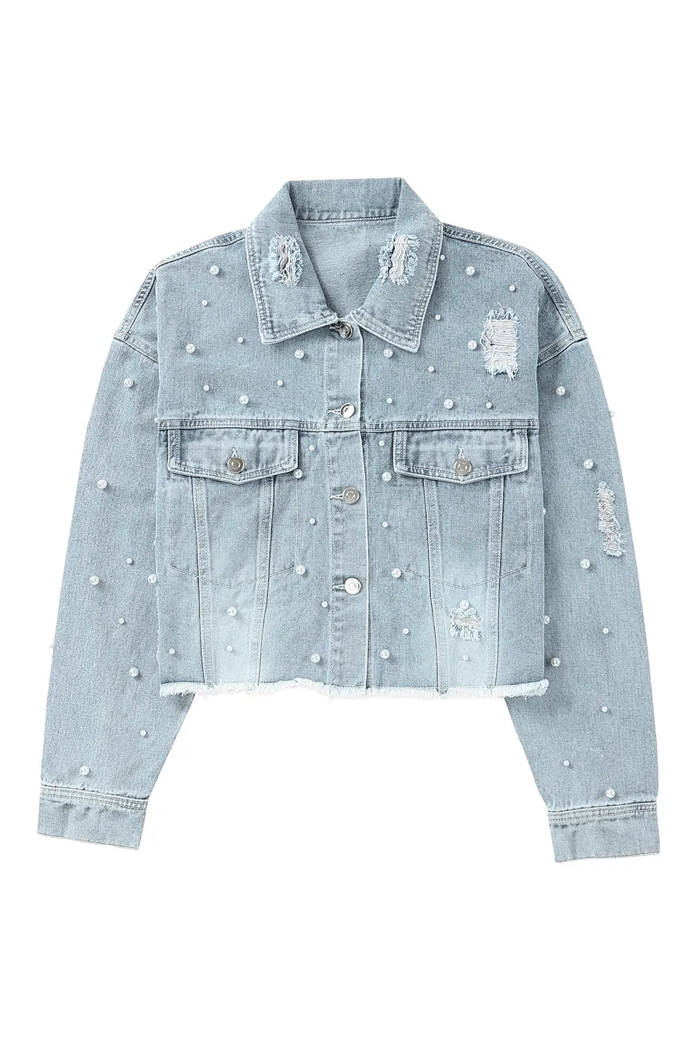 Wholesale Sky Blue Pearls Beading Cropped Denim Jacket