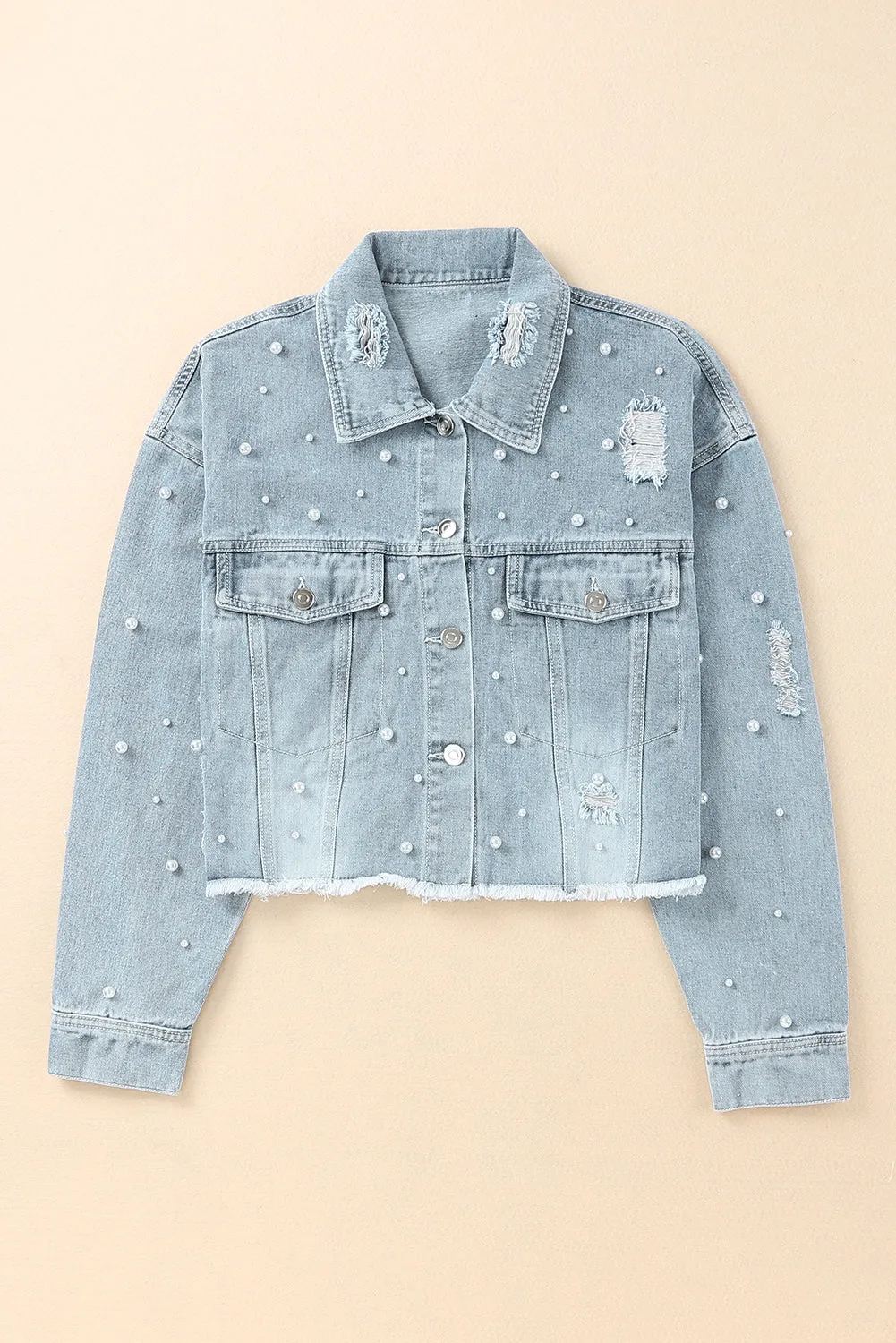 Wholesale Sky Blue Pearls Beading Cropped Denim Jacket