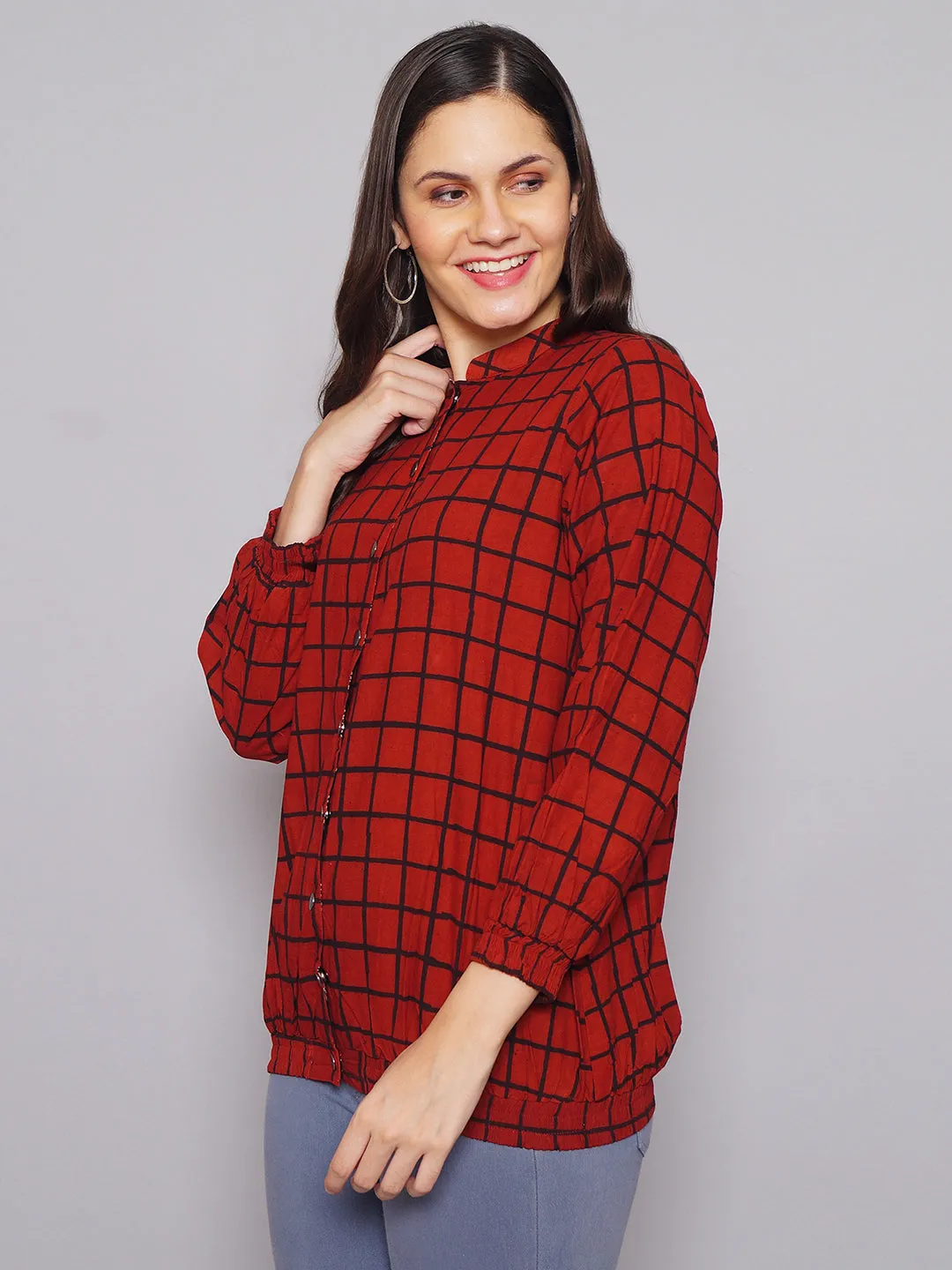 Women Maroon Checked Bomber Jacket