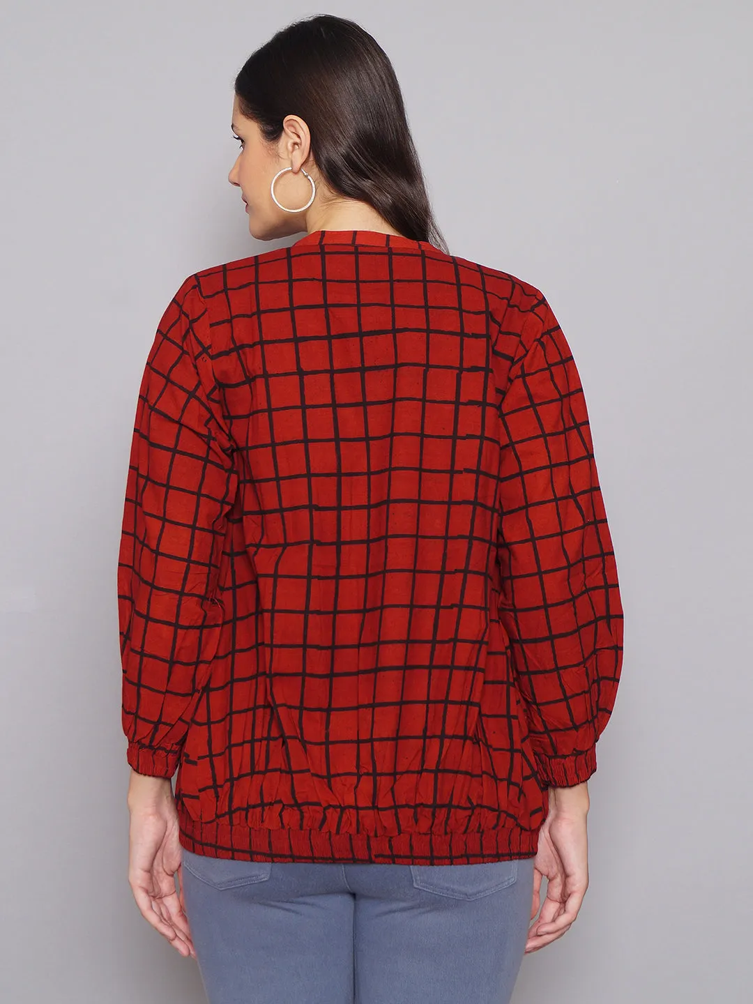 Women Maroon Checked Bomber Jacket