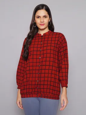 Women Maroon Checked Bomber Jacket