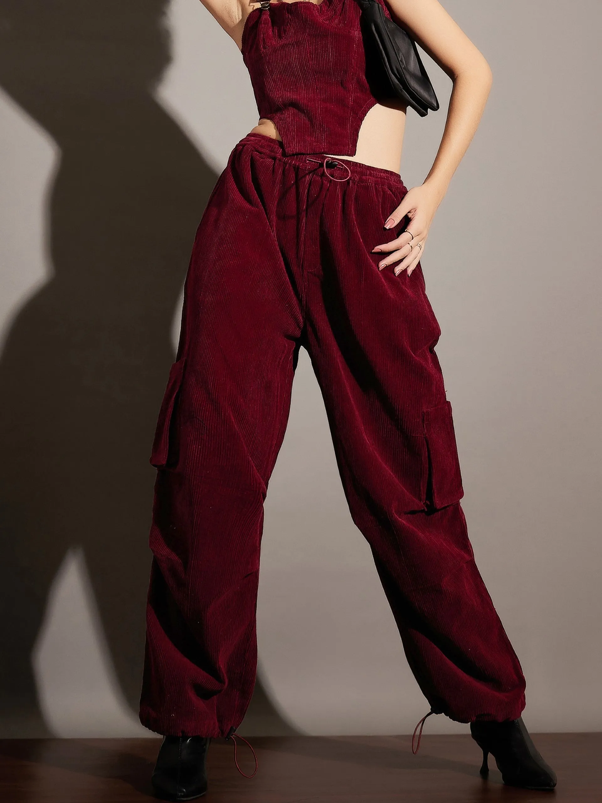 Women Maroon Pleated Knee Corduroy Cargo Pants