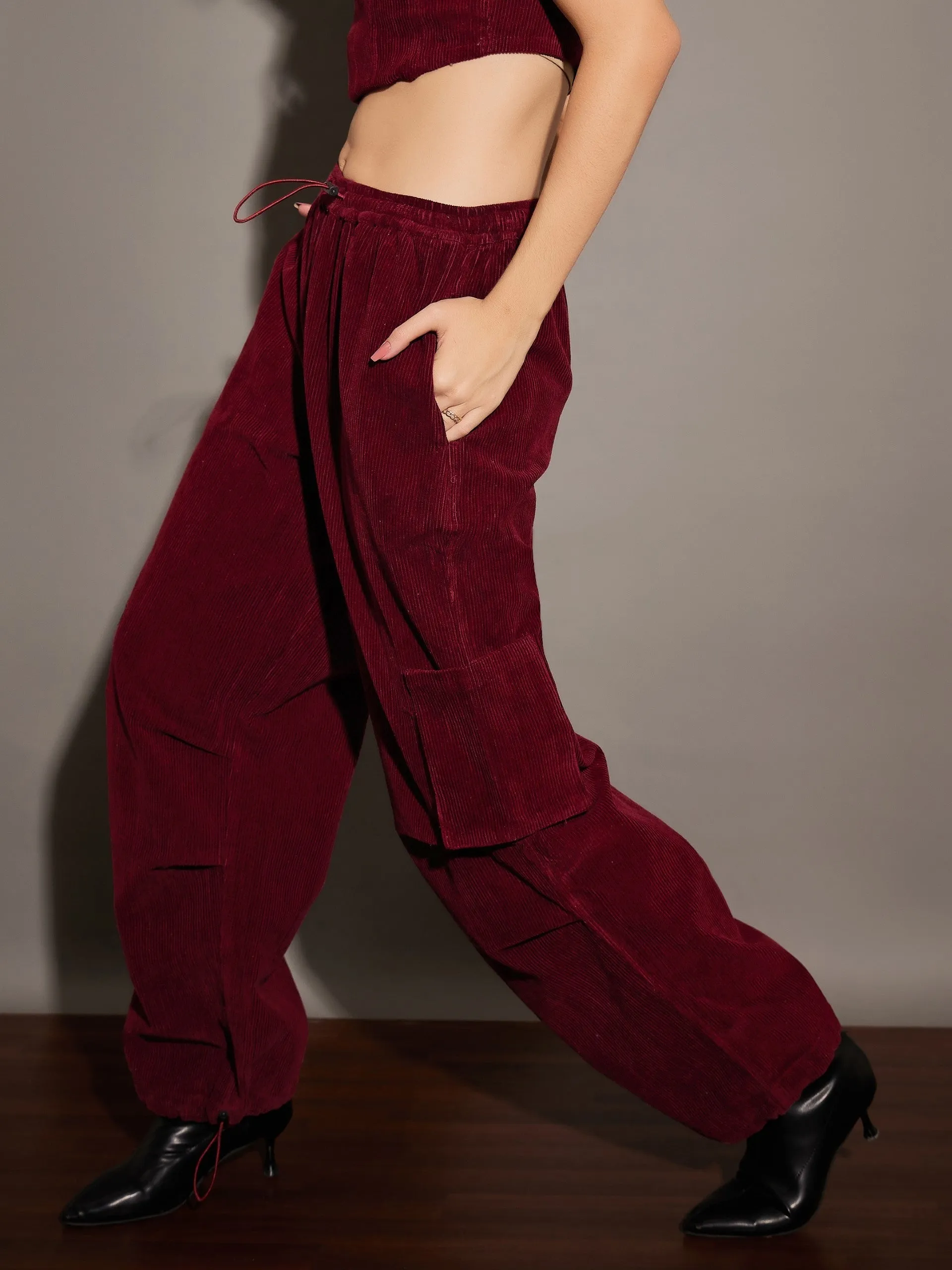 Women Maroon Pleated Knee Corduroy Cargo Pants