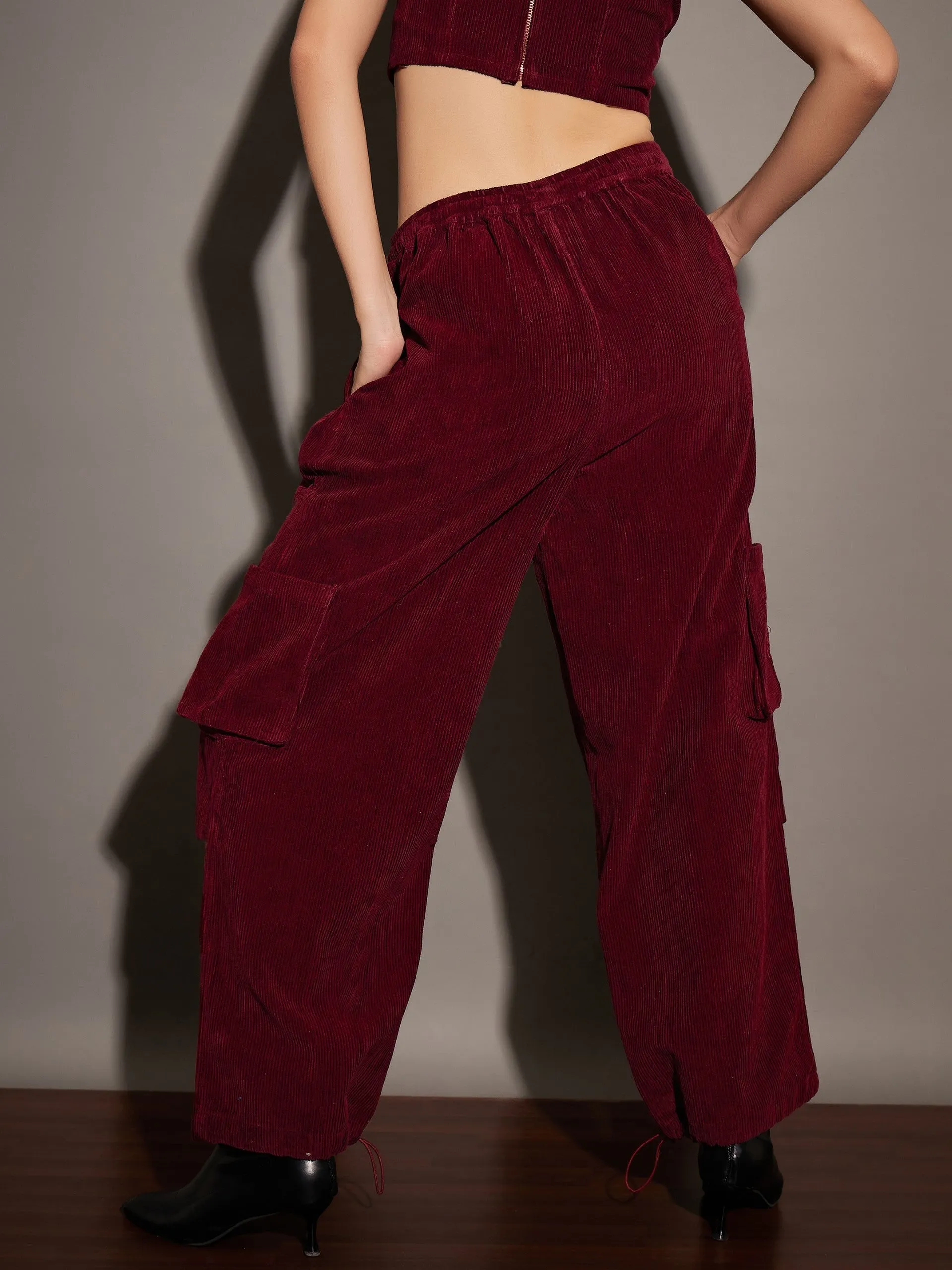 Women Maroon Pleated Knee Corduroy Cargo Pants