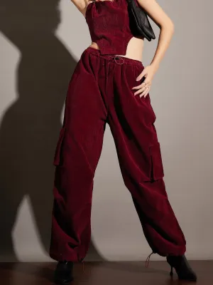 Women Maroon Pleated Knee Corduroy Cargo Pants