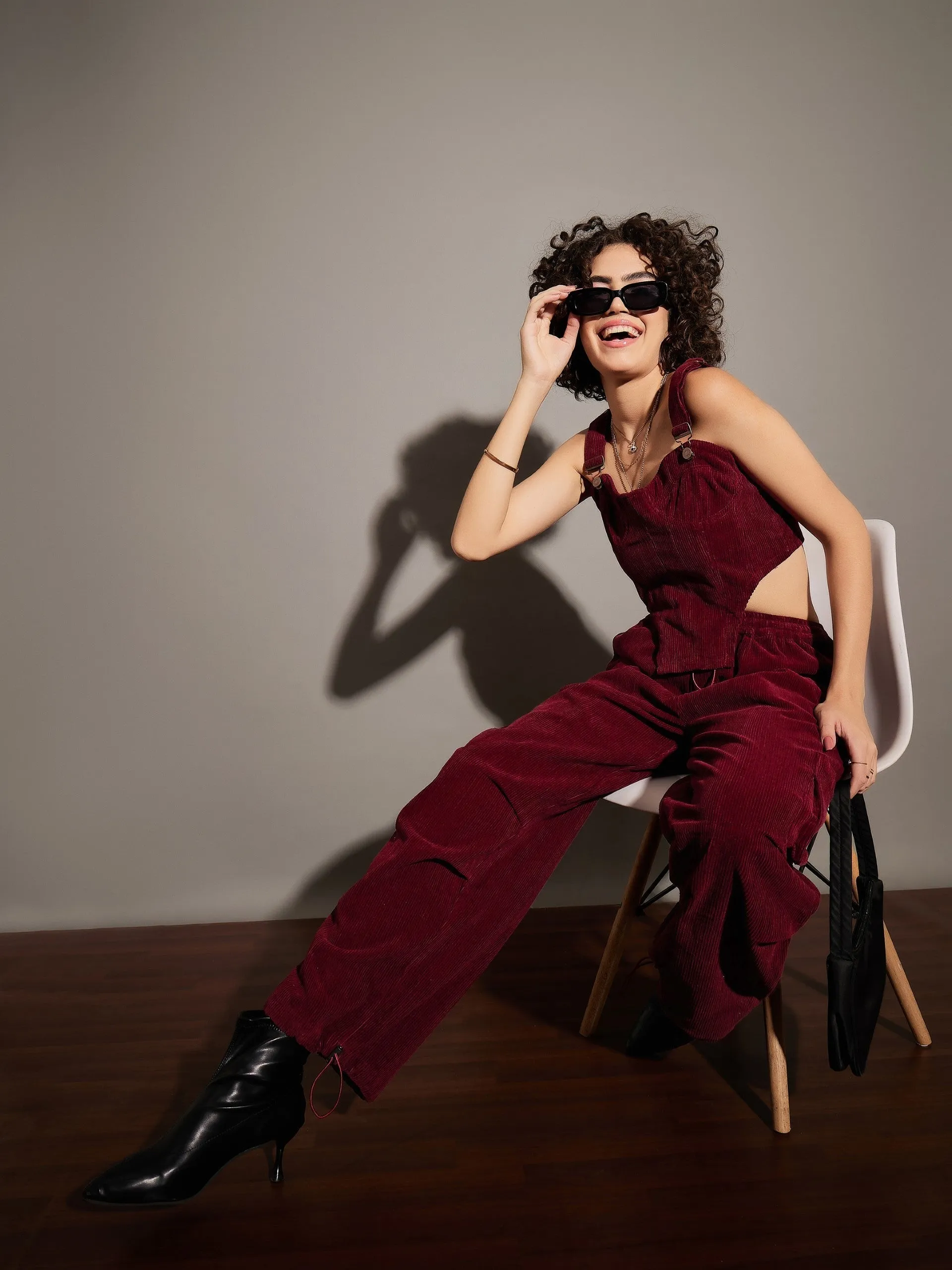 Women Maroon Pleated Knee Corduroy Cargo Pants