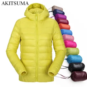 women ultra light down jacket hooded winter duck down jackets women slim long sleeve parka zipper coats 2017 AKITSUMA