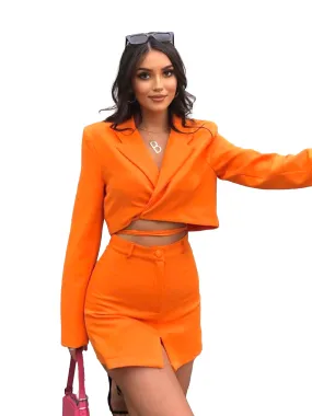 Women's 2 Pcs Cropped Tie Waist Blazer & Skirt Set,Orange