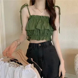 Women's 2023 New Summer Tank Top with Ruffle Edge Strap Top High Waist Sleeveless Bra and Open Umbilical Top