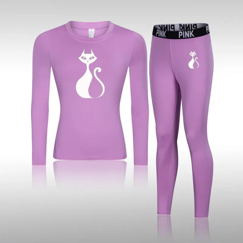 Women's Cat Print Tight Thermal Underwear Set