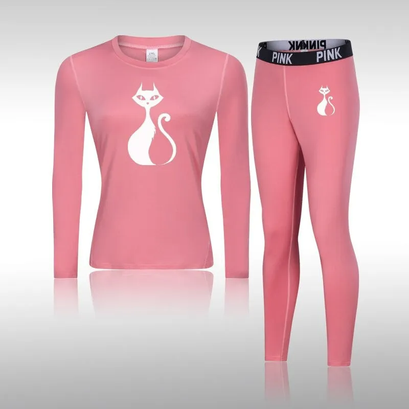 Women's Cat Print Tight Thermal Underwear Set