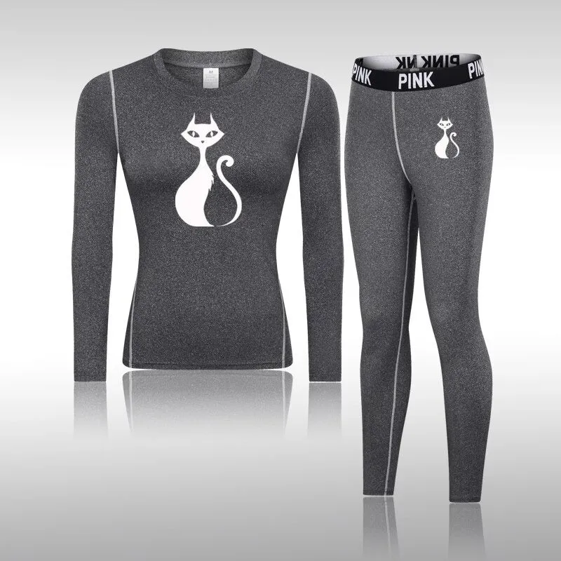 Women's Cat Print Tight Thermal Underwear Set