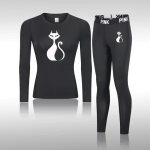 Women's Cat Print Tight Thermal Underwear Set