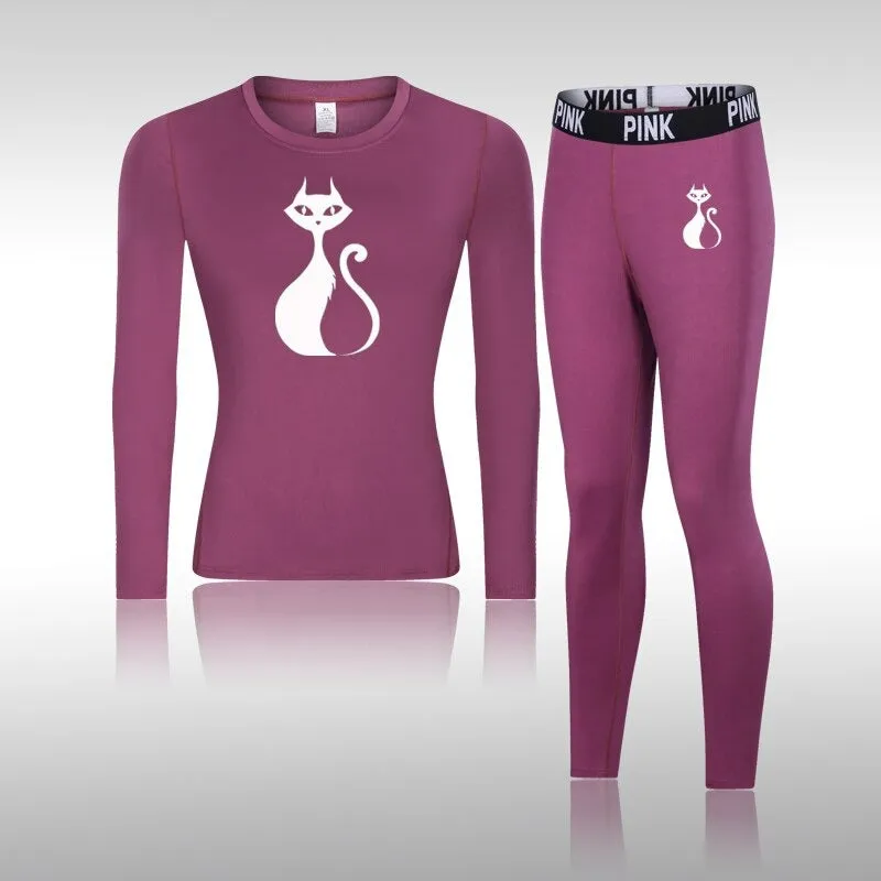 Women's Cat Print Tight Thermal Underwear Set