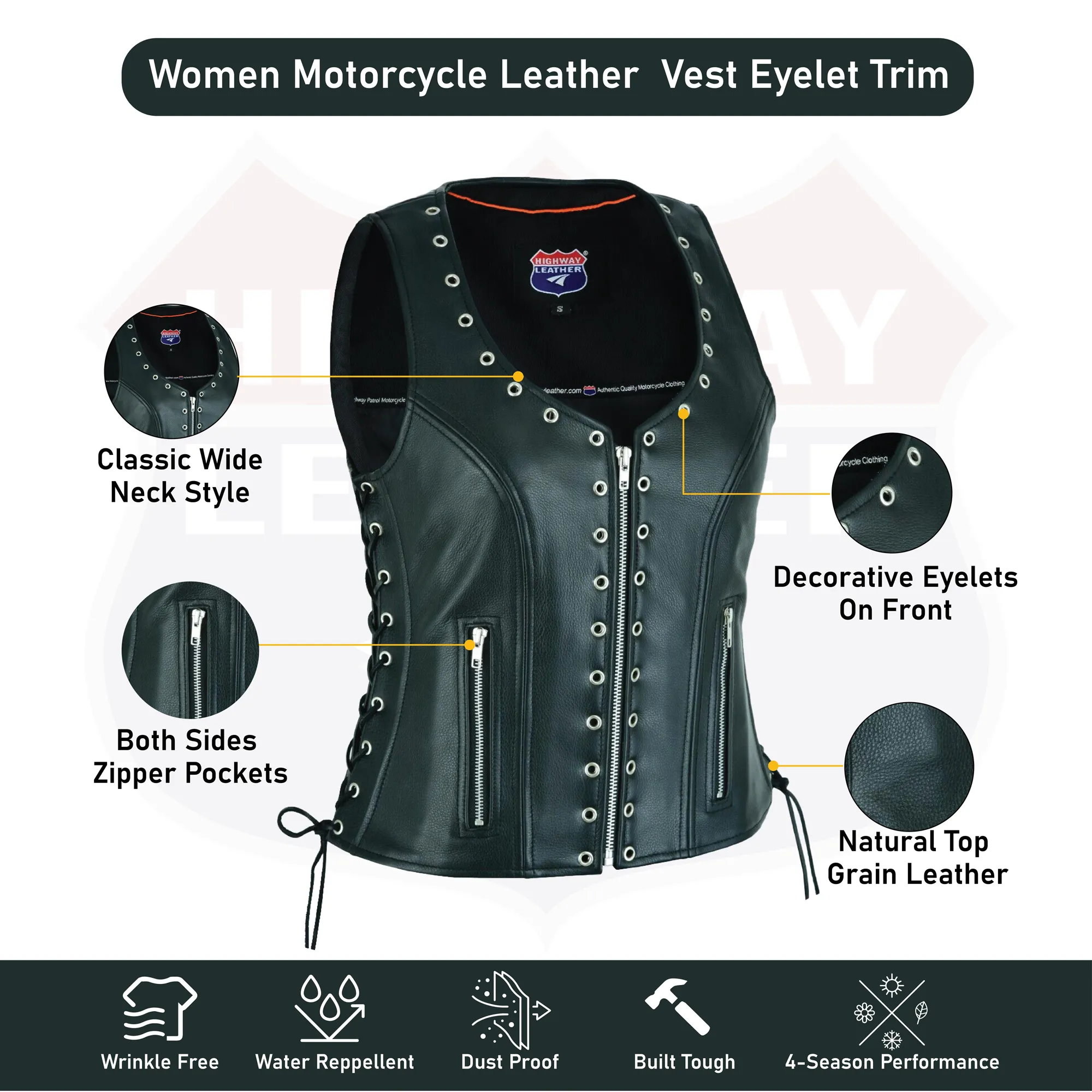 Women's Eyelet  Leather Vest - Longer Length HL14682