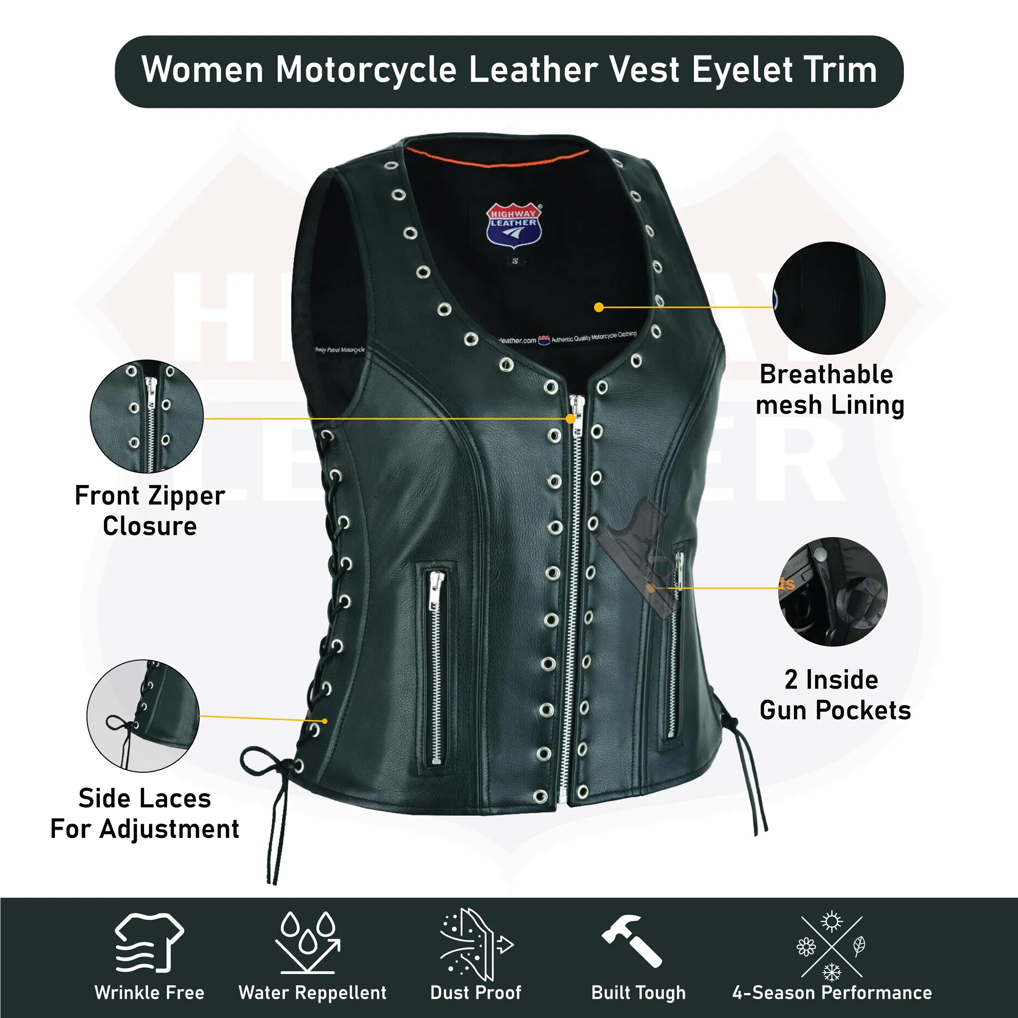 Women's Eyelet  Leather Vest - Longer Length HL14682