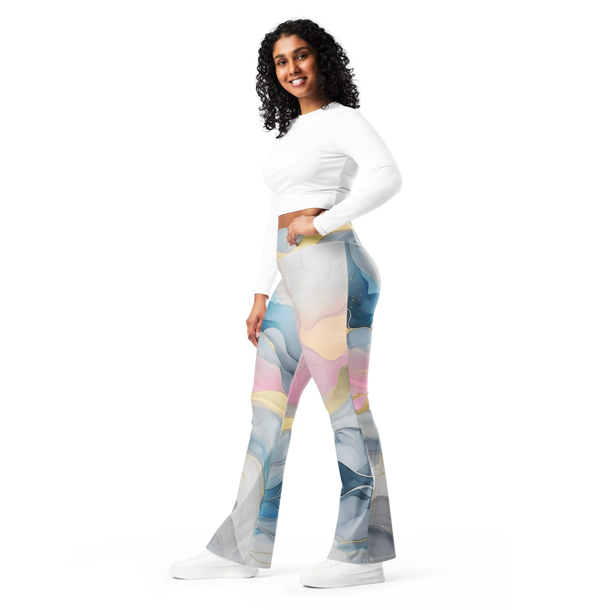 Womens Flare Leggings, Marble Cloud of Grey Pink Blue 72067