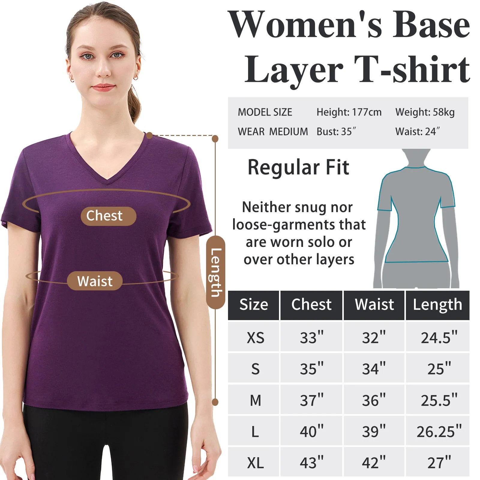 Women’s Merino 170g V-Neck  Short Sleeve T-Shirt  Dark Purple