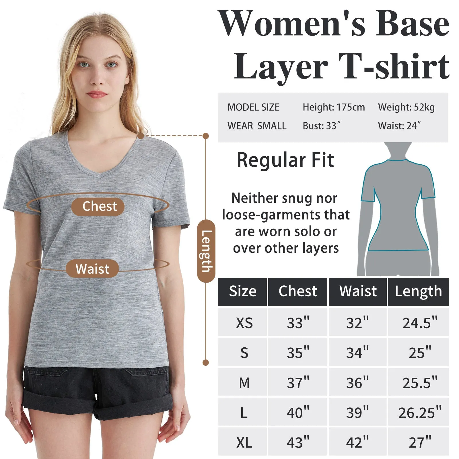 Women’s Merino 170g V-Neck  Short Sleeve T-Shirt  Ebony Heather