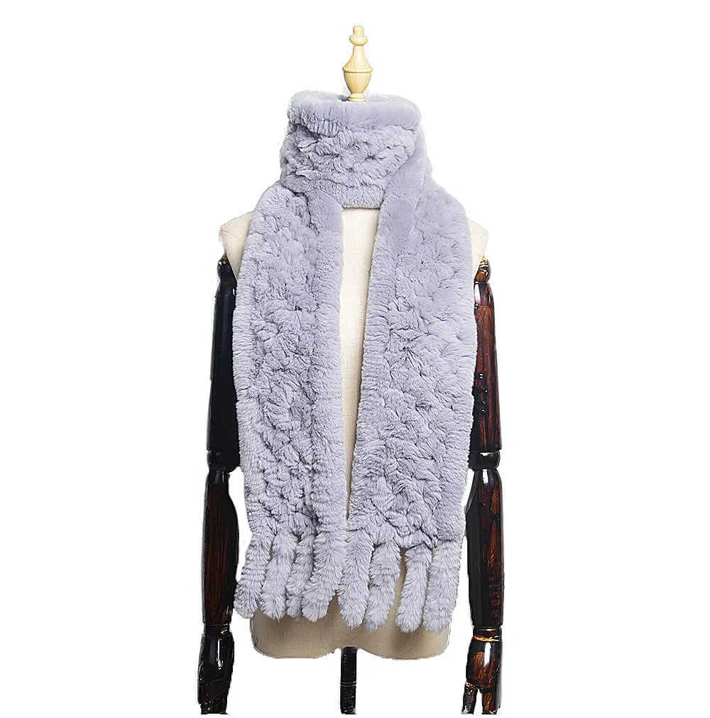 Women's Rex rabbit fur collar double-sided woven long warm scarf