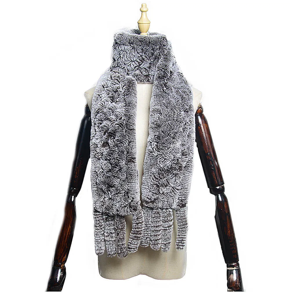 Women's Rex rabbit fur collar double-sided woven long warm scarf