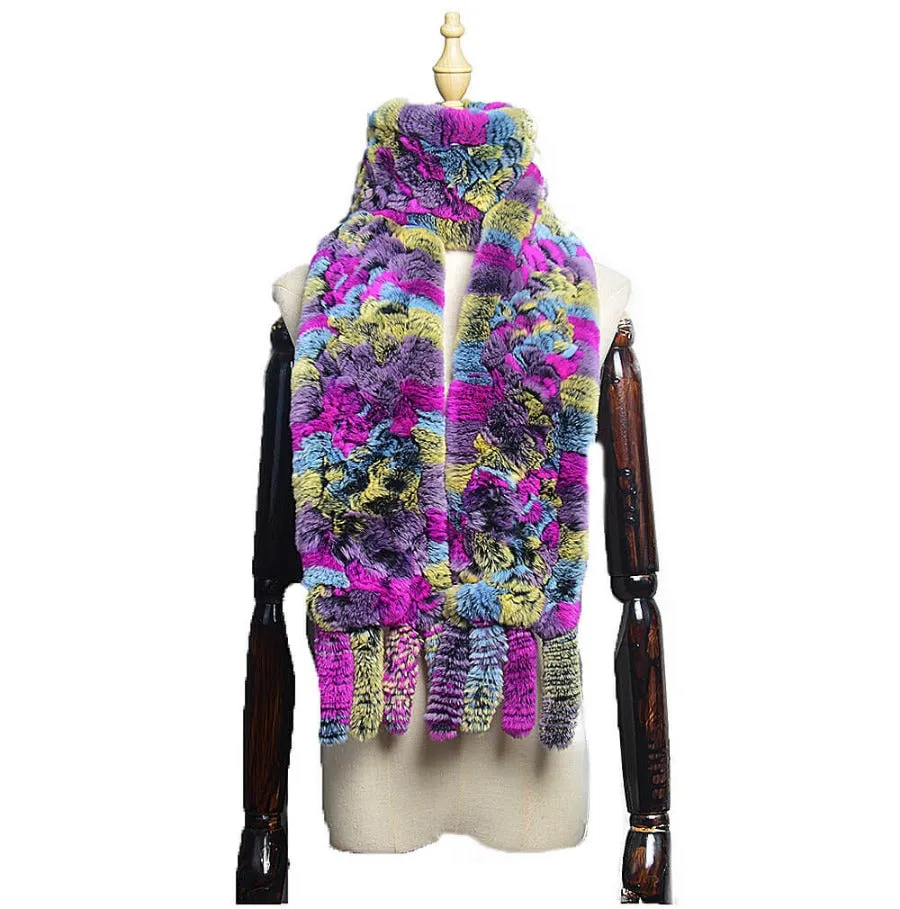 Women's Rex rabbit fur collar double-sided woven long warm scarf