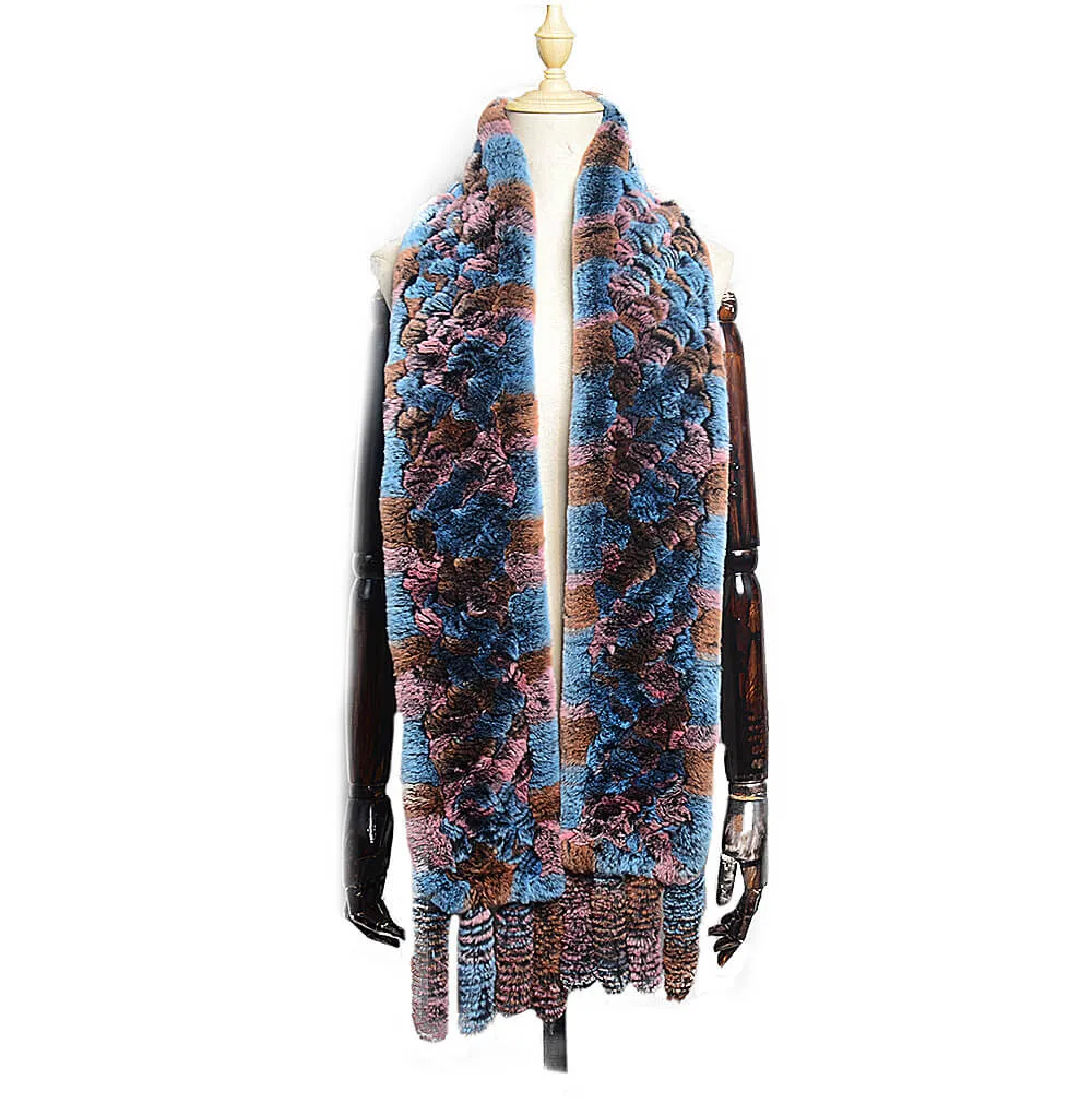 Women's Rex rabbit fur collar double-sided woven long warm scarf