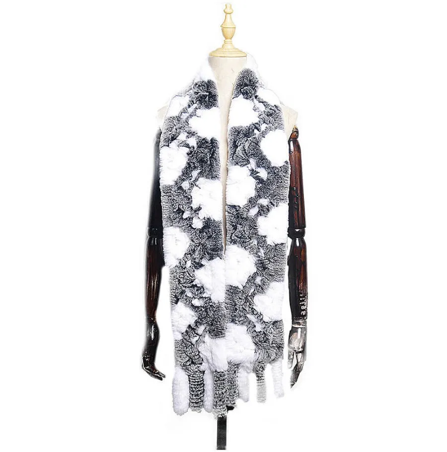 Women's Rex rabbit fur collar double-sided woven long warm scarf