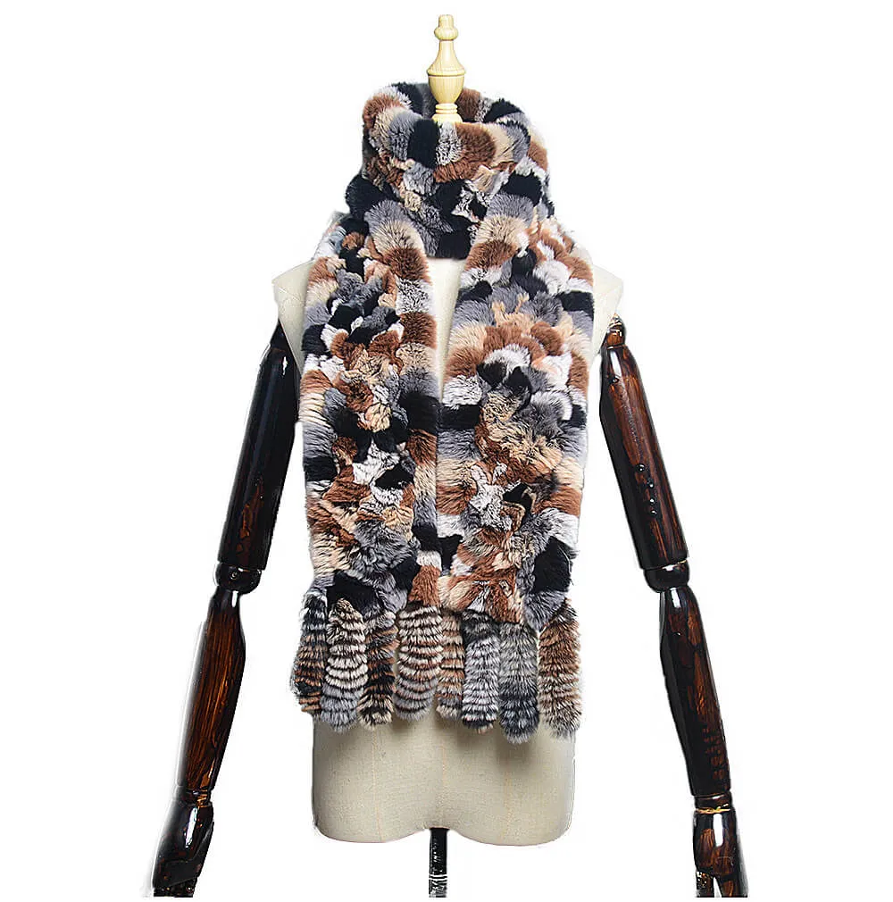 Women's Rex rabbit fur collar double-sided woven long warm scarf