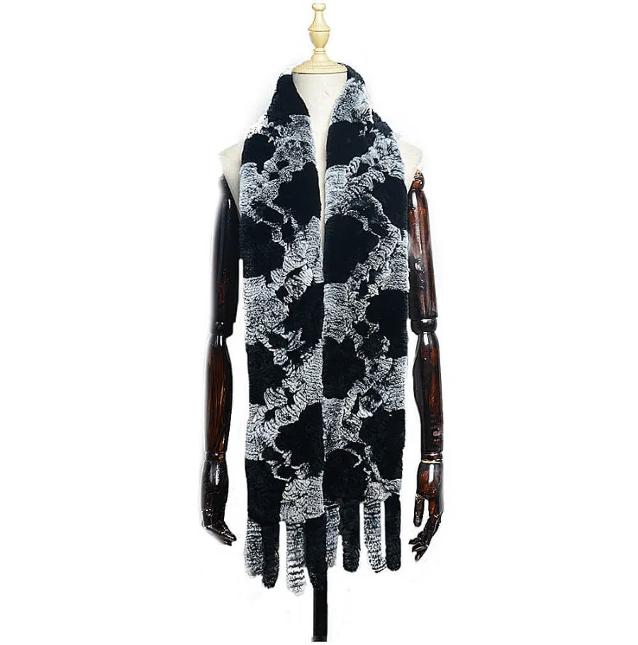 Women's Rex rabbit fur collar double-sided woven long warm scarf