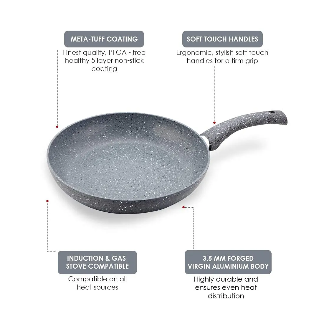 Wonderchef Granite Non-Stick Fry Pan, Induction Bottom, Soft-Touch Handles, Virgin Grade Aluminium, PFOA/Heavy Metals Free, 3.5mm, 26cm, 2 litres, 2 Years Warranty, Grey