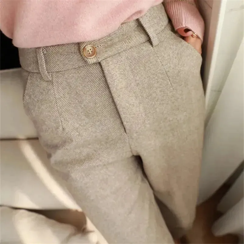 Woolen Pants Women's Harem Pencil Pants 2022 Autumn Winter High Waisted Casual Suit Pants Office Lady Woolen Trousers