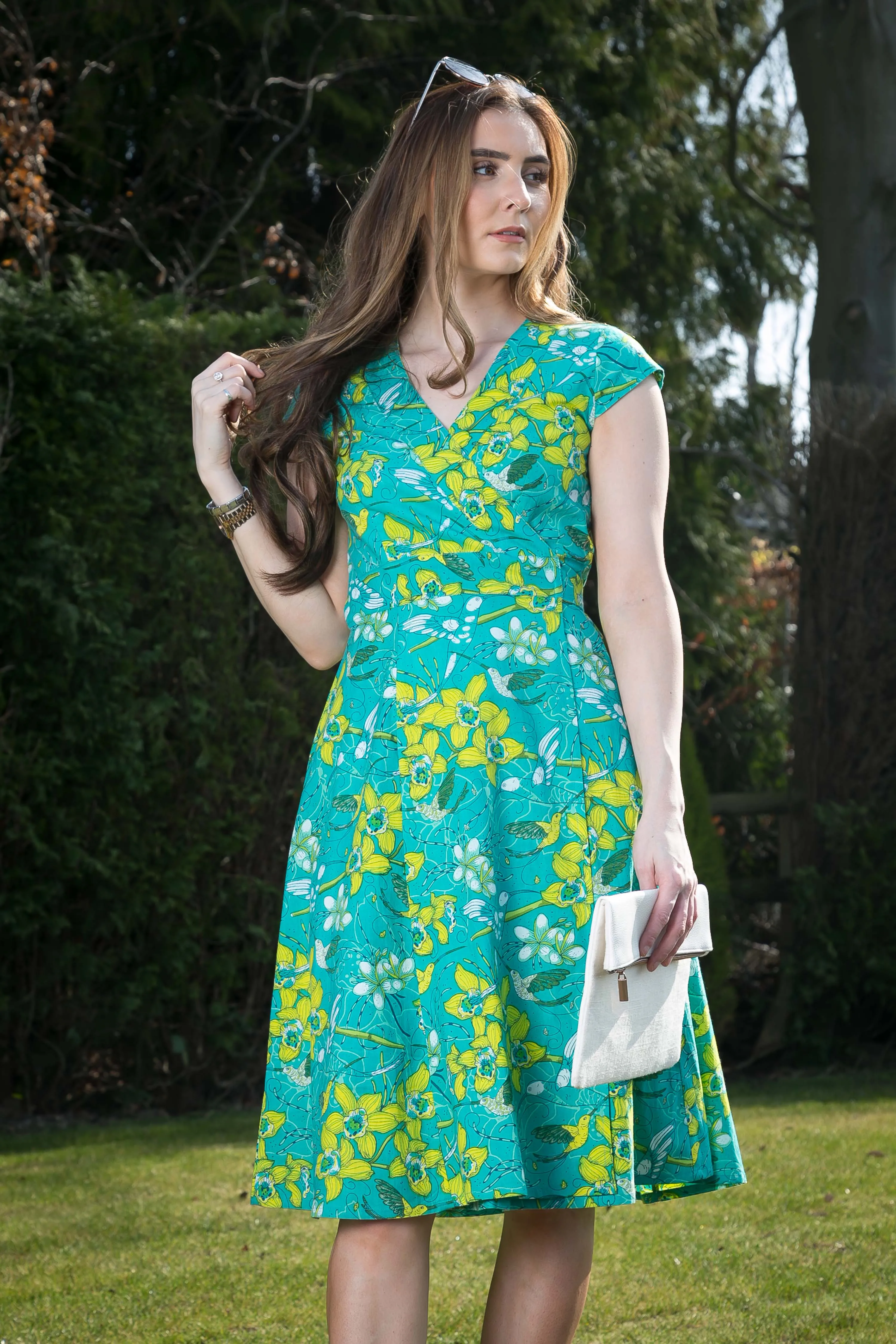 Wrap Cotton Dress Green Yellow Print