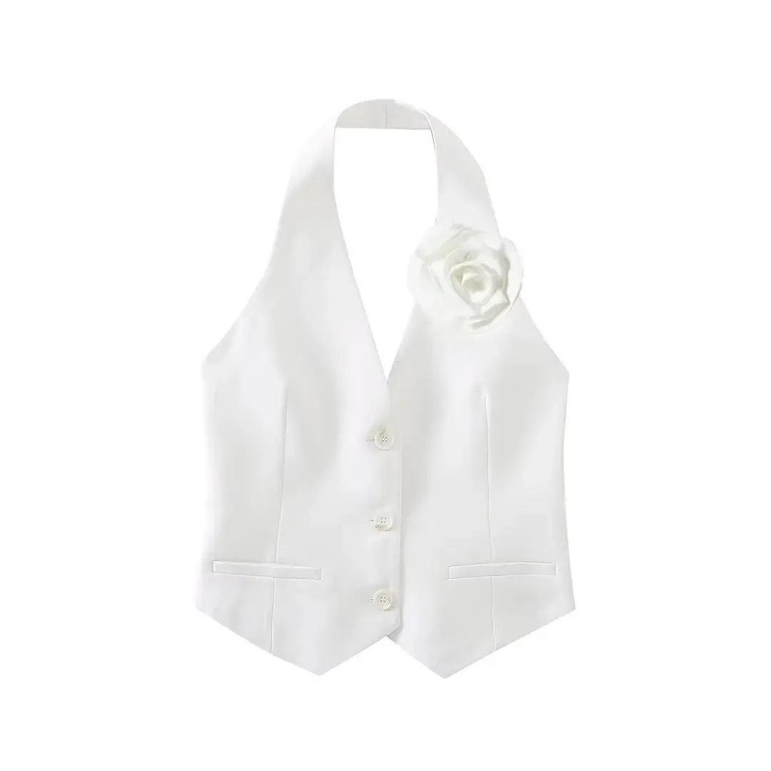 Zevity Women Fashion Single Breasted Flower Design White Halter Vest Jacket Office Ladies Sleeveless Crop WaistCoat Tops CT4438